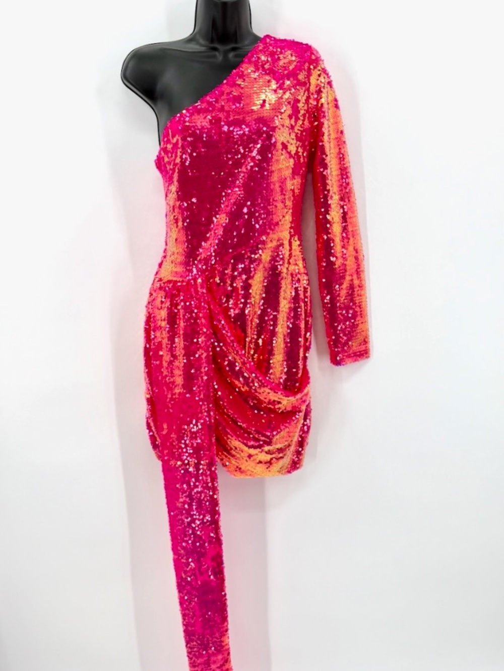 Bariano Sequin Dress One Shoulder Mini Small S Hot Pink Iridescent Drape Party